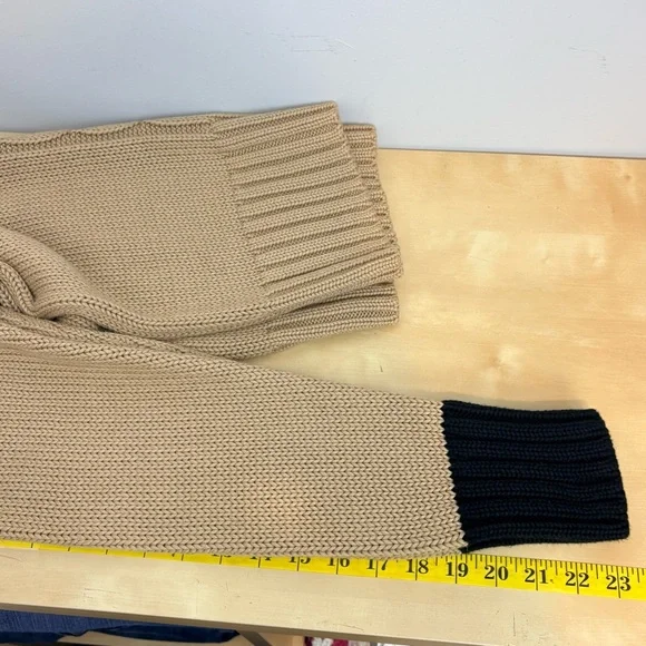 Cleo Cable Knit Split Turtleneck Sweater Camel Navy Trim Cozy Knit - Picture 11 of 11